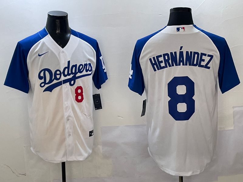 Men Los Angeles Dodgers #8 Hernandez White Blue Fashion Game 2025 Nike MLB Jersey style 8